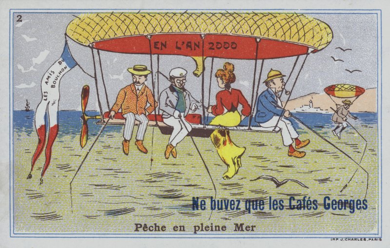 Fiskeri med ballon (farve litho) af French School