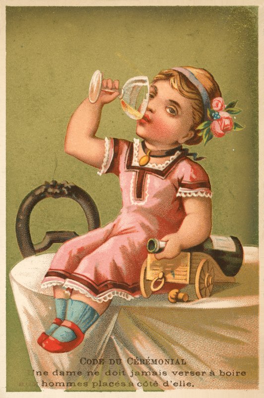 Pige drikker champagne (chromolitho) af French School