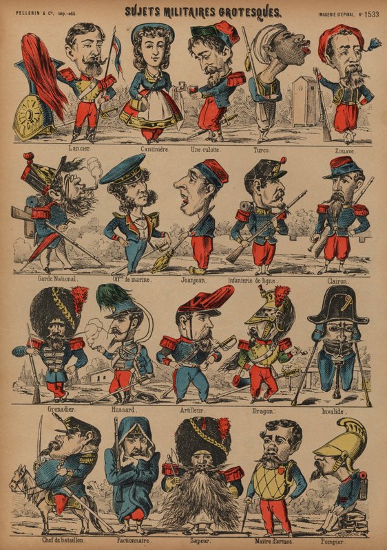 Groteske militærkarikaturer (farvet indgravering) af French School