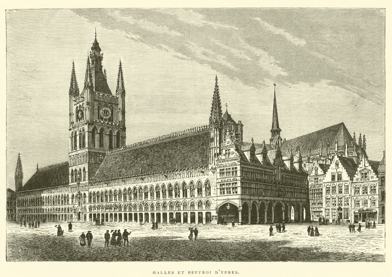 Haller og klokketårn i Ypres (gravering) af French School
