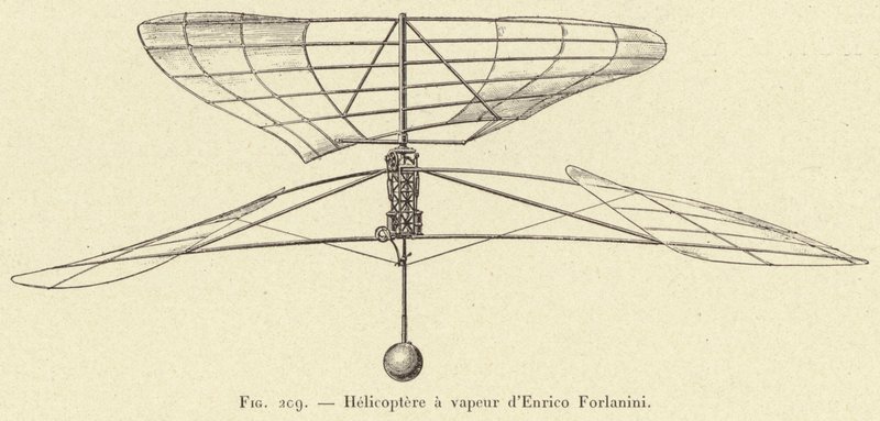 Helicopter a vapeur af Enrico Forlanini (gravering) af French School