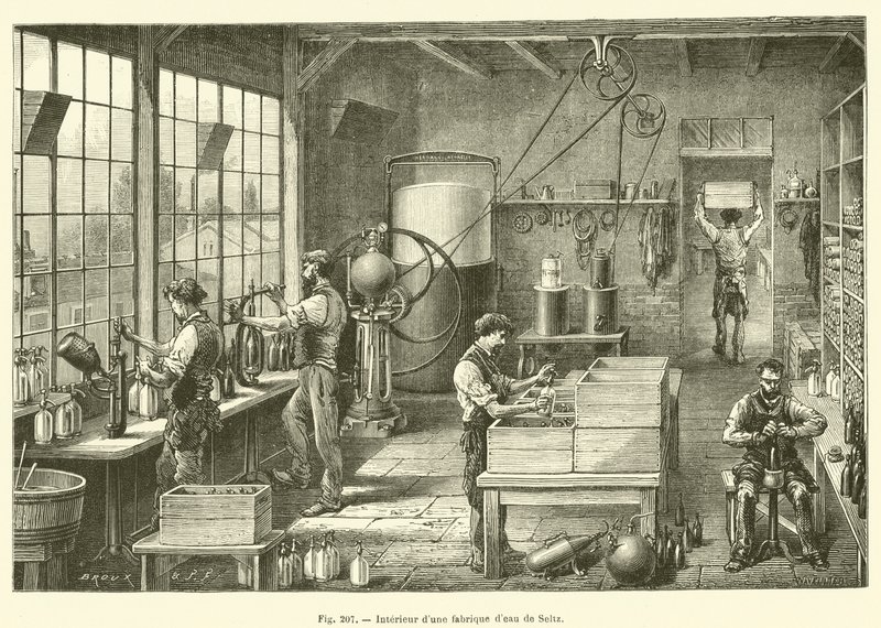 Interiør af en seltzervandsfabrik (gravering) af French School