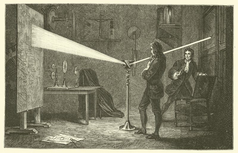 Isaac Newton nedbryder lys (gravering) af French School