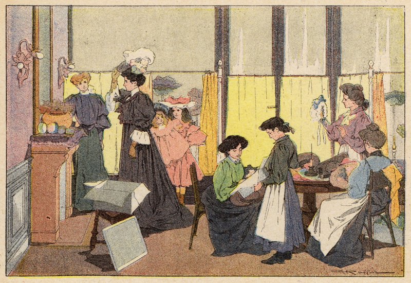 The Milliner, The Milliner (farve litho) af French School