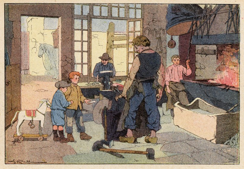 Le Forgeron, The Smith (farve litho) af French School