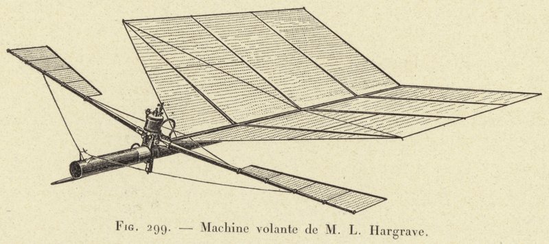 Flying Machine af M L Hargrave (gravering) af French School