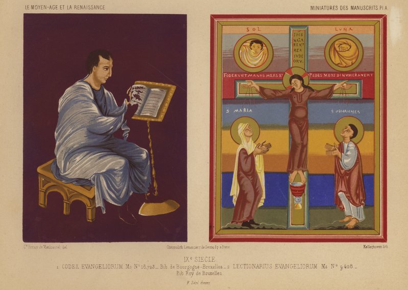 Miniaturer fra illuminerede manuskripter fra det 9. århundrede (chromolitho) af French School