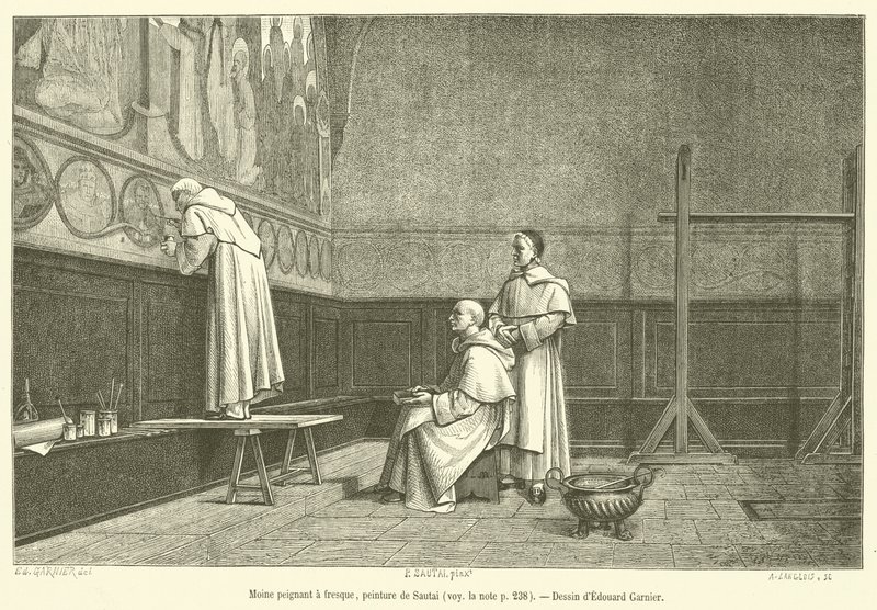 Munk maler en fresco (gravering) af French School