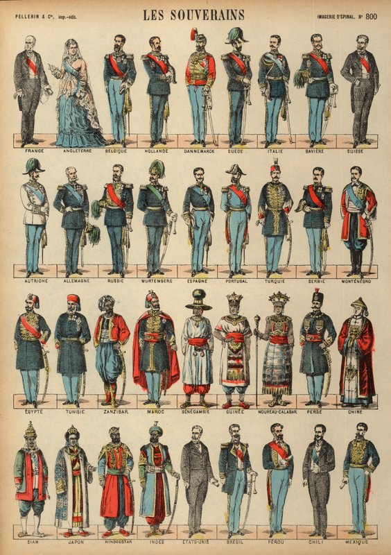 Monarchs of the World (farvet gravering) af French School