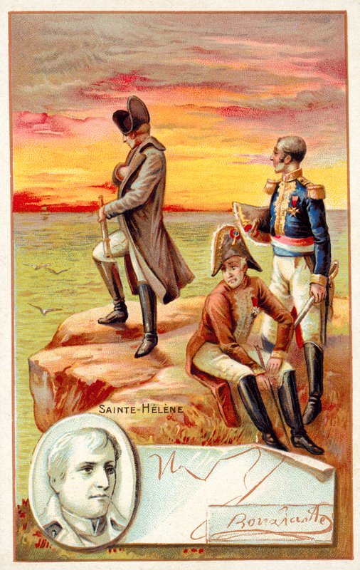 Napoleon i eksil på St. Helena (chromolitho) af French School