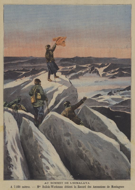 På et Himalaya-topmøde (farve litho) af French School