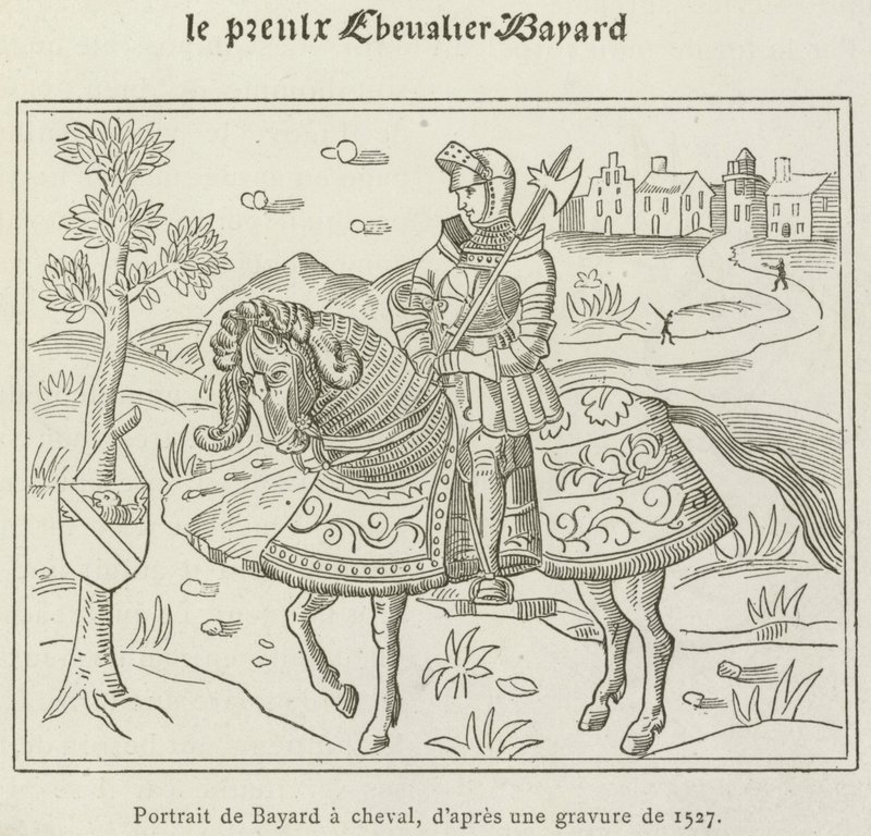Portræt af Bayard til hest (gravering) af French School