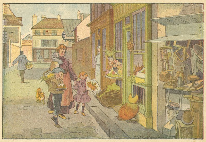 Festforberedelser (farve litho) af French School
