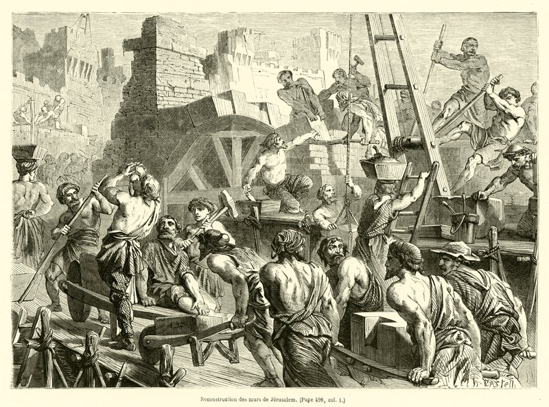 Genopbygning af Jerusalems mure (gravering) af French School