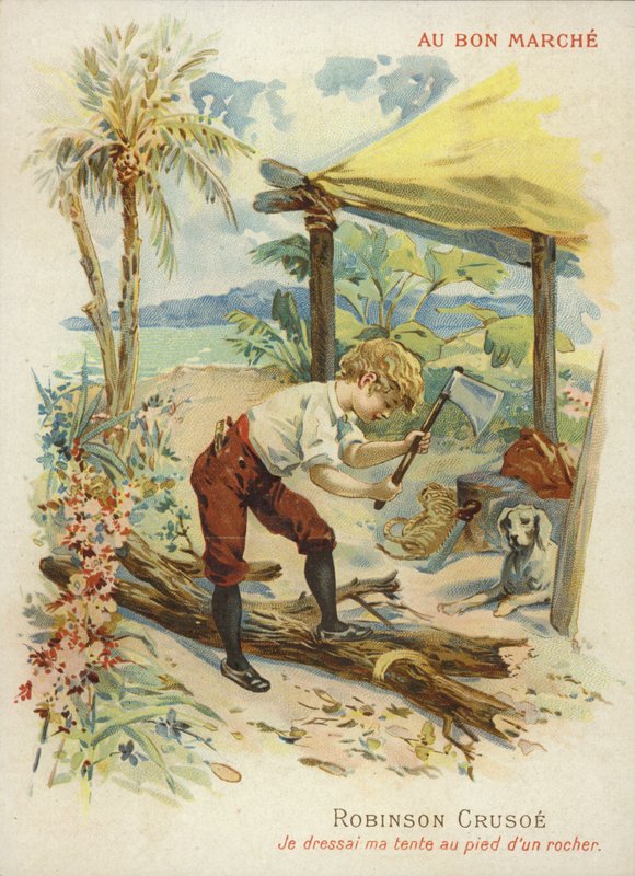 Robinson Crusoe hugger brænde af French School