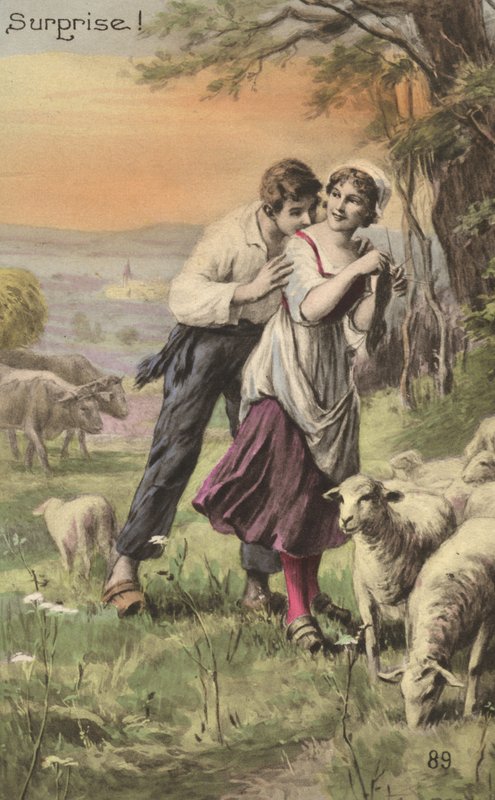 Hyrde og hyrdinde (farve litho) af French School