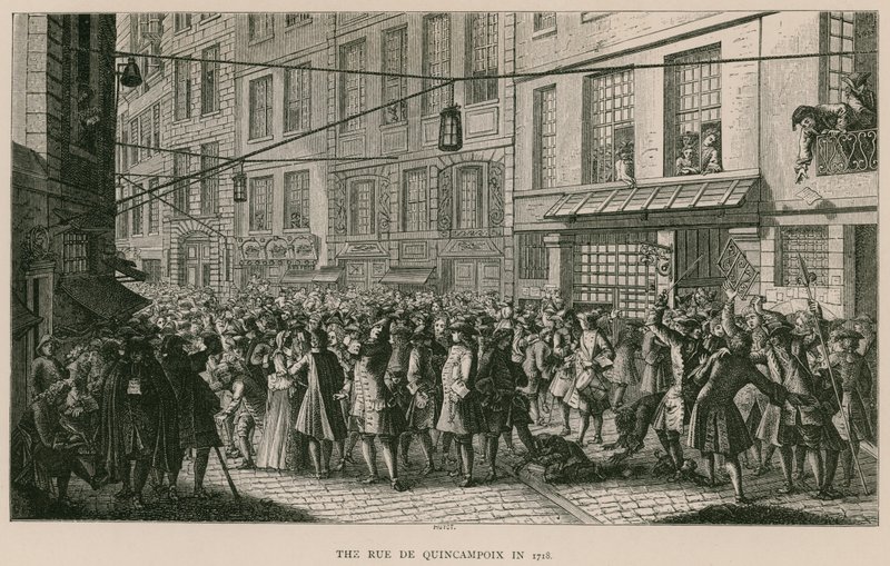 Rue de Quincampoix i 1718 af French School