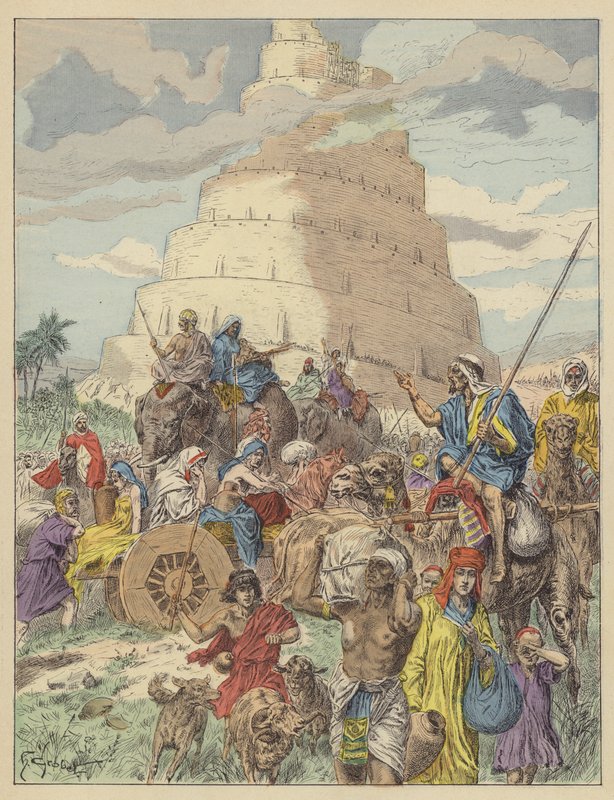 The Tower of Babel (farve litho) af French School