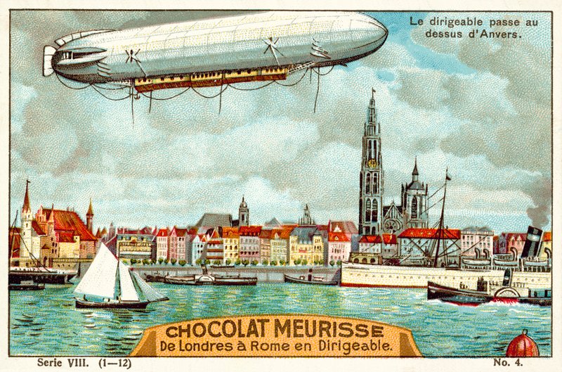 Luftskibet, der passerer over Antwerpen (chromolitho) af French School