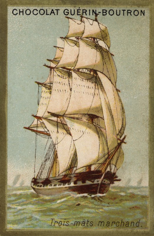 Tre-mastet handelsskib (chromolitho) af French School
