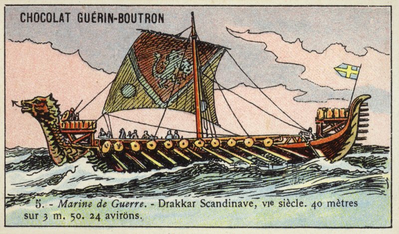 Vikingelangskib, 6. århundrede (chromolitho) af French School