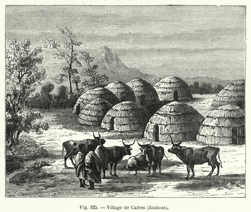 Landsbyen Cafres, Zulus (gravering) af French School