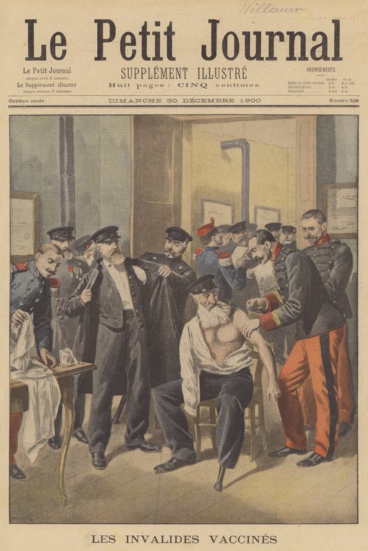Krigsveteraner, der modtager koppevaccinationer (farve litho) af French School