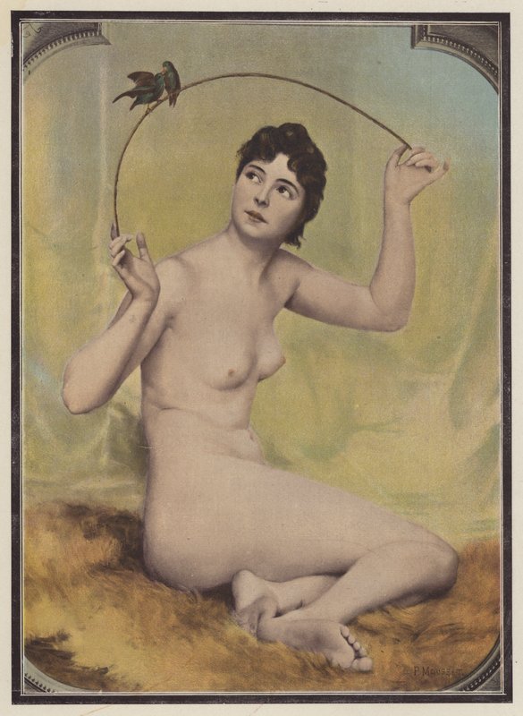 Ung nøgen kvinde med fugle (farve litho) af French School
