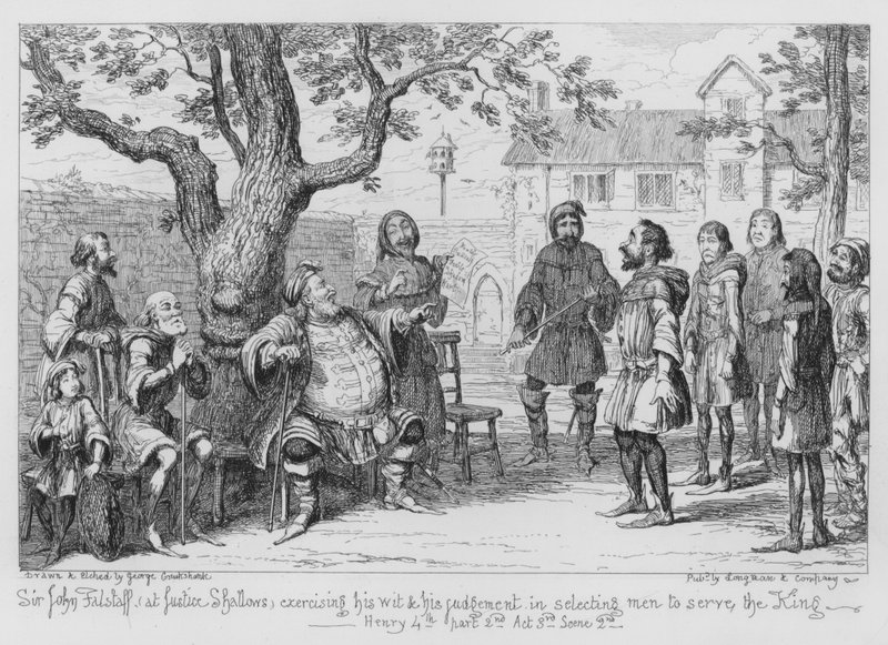 Sir John Falstaff, ved Justice Shallows, udøver sit vid og sin dømmekraft ved at udvælge mænd til at tjene kongen af George Cruikshank