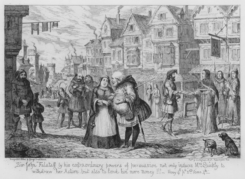 Sir John Falstaff får ved sin ekstraordinære overtalelsesevne ikke kun fru Quickly til at trække sin handling tilbage, men også til at låne ham flere penge! af George Cruikshank