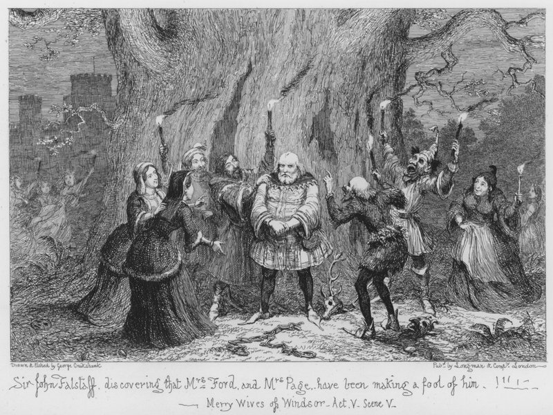 Sir John Falstaff opdager, at fru Ford og fru Page har gjort ham til grin af George Cruikshank