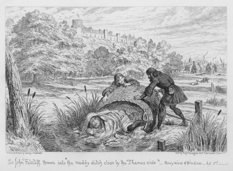 Sir John Falstaff kastet i den mudrede grøft tæt ved Themsen af George Cruikshank