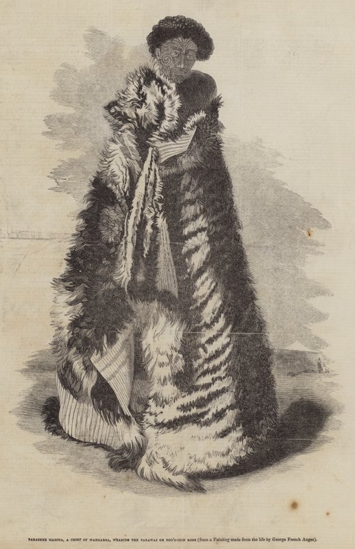 Paratene Maioha, en høvding fra Wangaroa, iført Parawai- eller hundeskindkåbe af George French Angas