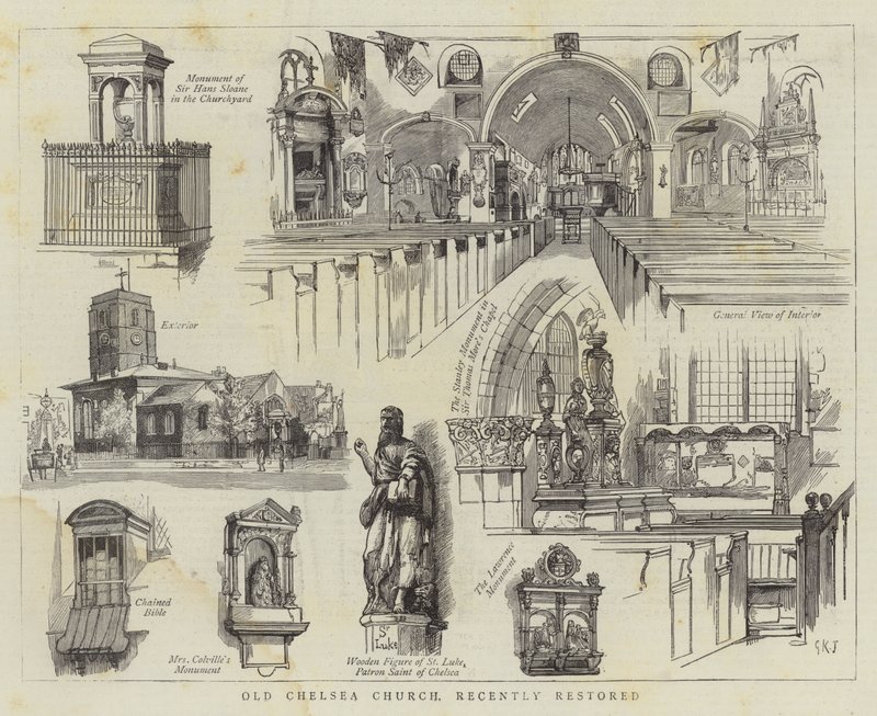 Den gamle Chelsea-kirke, der for nylig er blevet restaureret af George Kingston Jones
