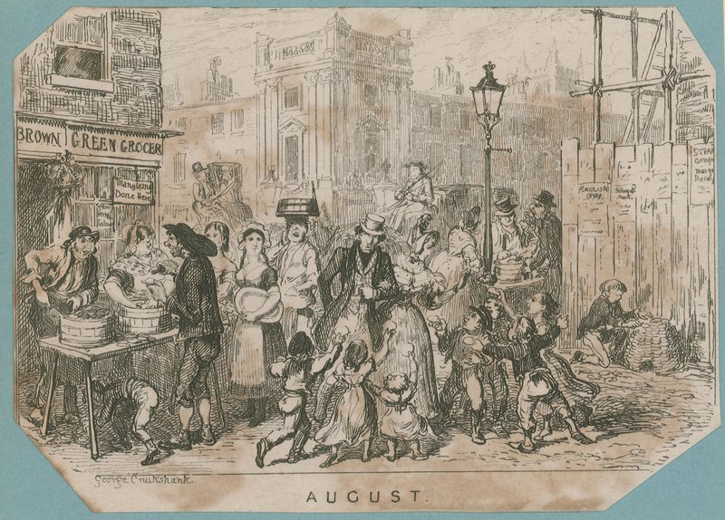 En travl markedsscene af George Cruikshank