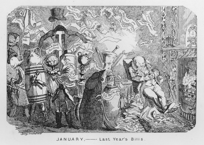 Januar, sidste års regninger (gravering) af George Cruikshank