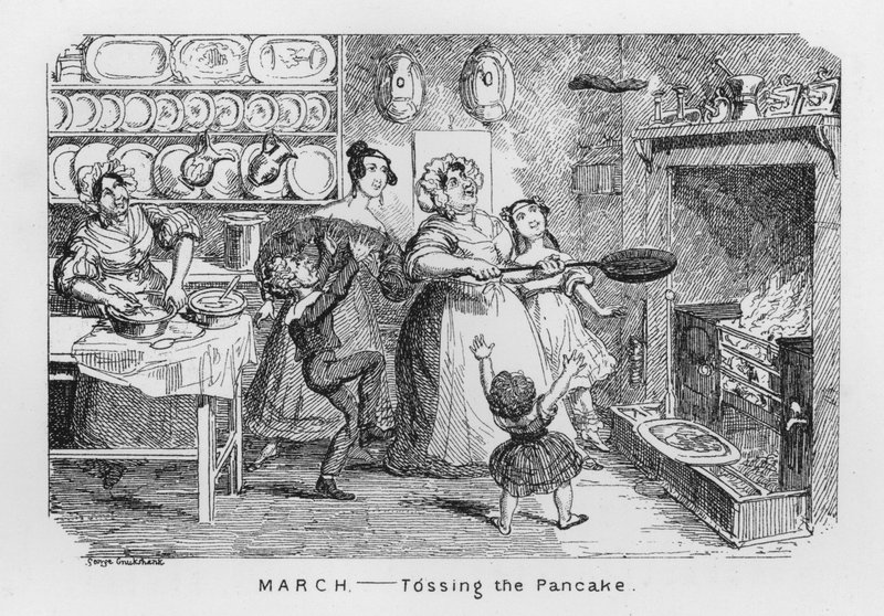 marts, kaste pandekagen (gravering) af George Cruikshank