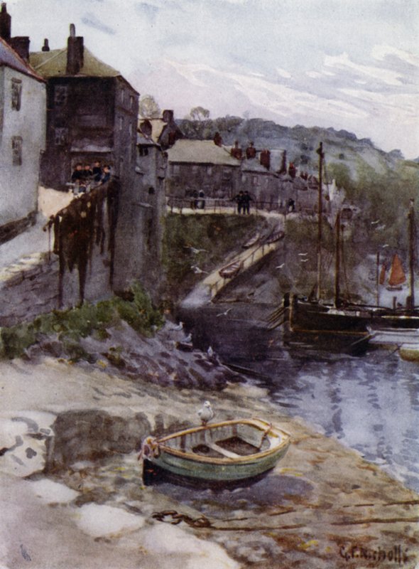 Hos Newlyn (farve litho) af George Franck Nicholls