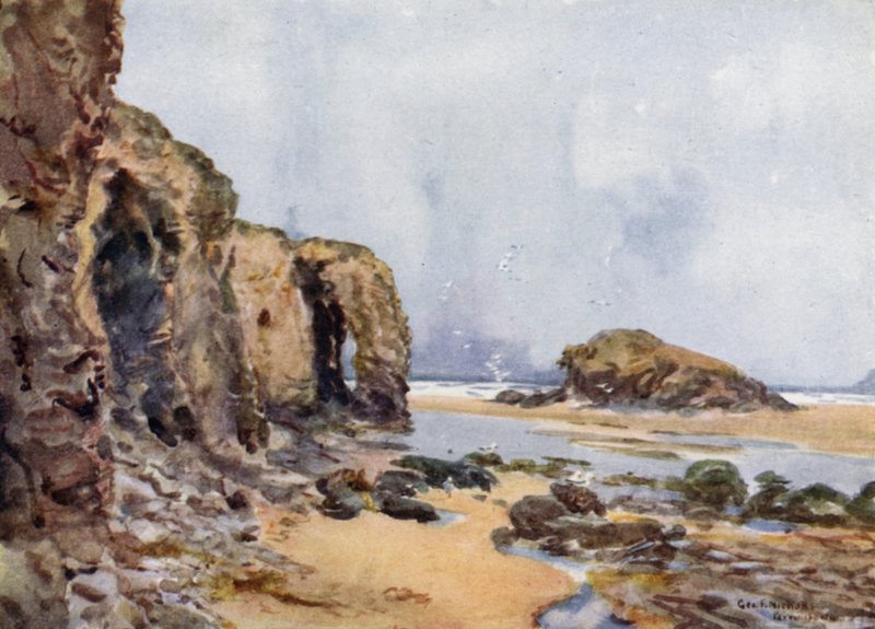 Perranporth (farve litho) af George Franck Nicholls