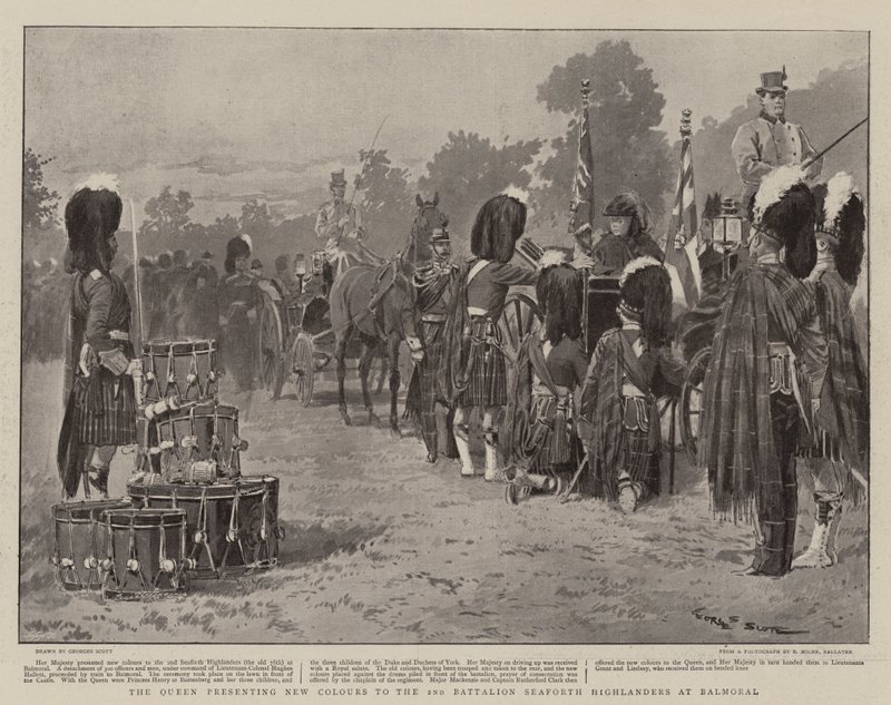 Dronningen præsenterer nye farver til 2. bataljon Seaforth Highlanders på Balmoral af Georges Bertin Scott
