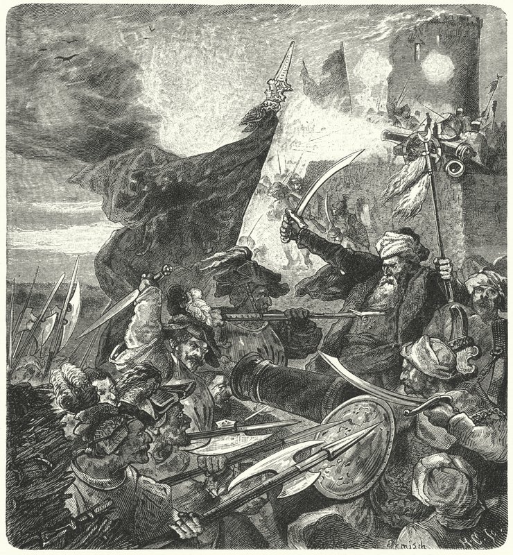 Ungarere kæmper mod tyrkerne ved Szekesfehervar, 1593 af German School