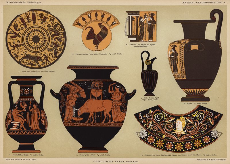 Antikke græske polykrome vaser (farve litho) af German School