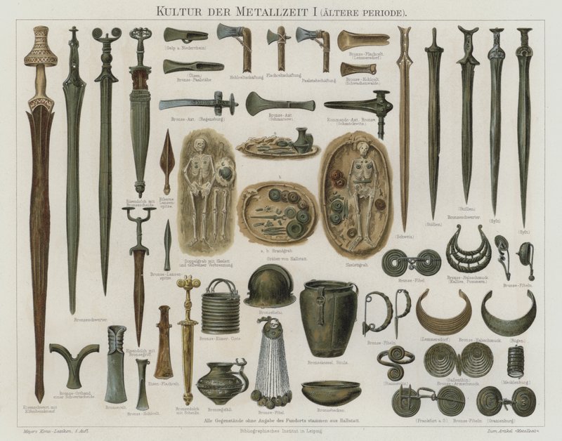 Artefakter fra bronzealderen (farve litho) af German School