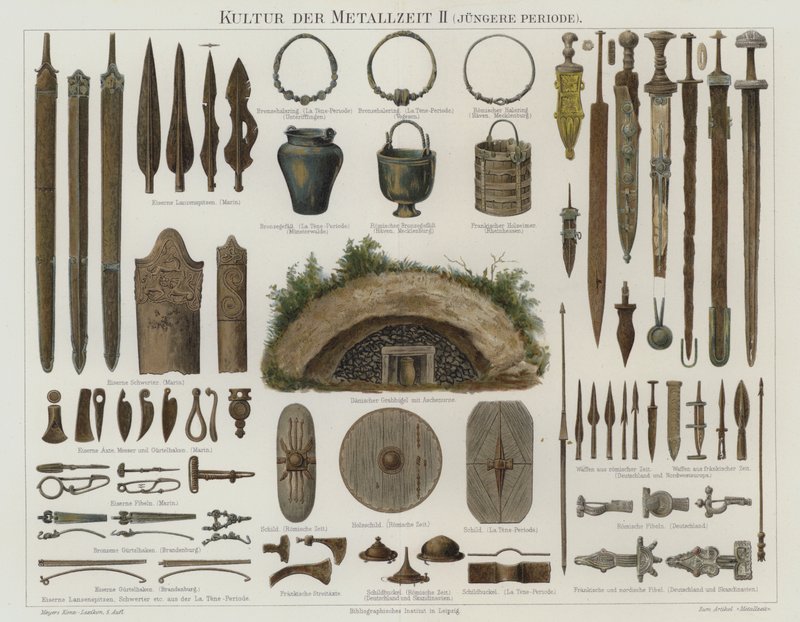 Bronze- og jernalderartefakter (farve litho) af German School