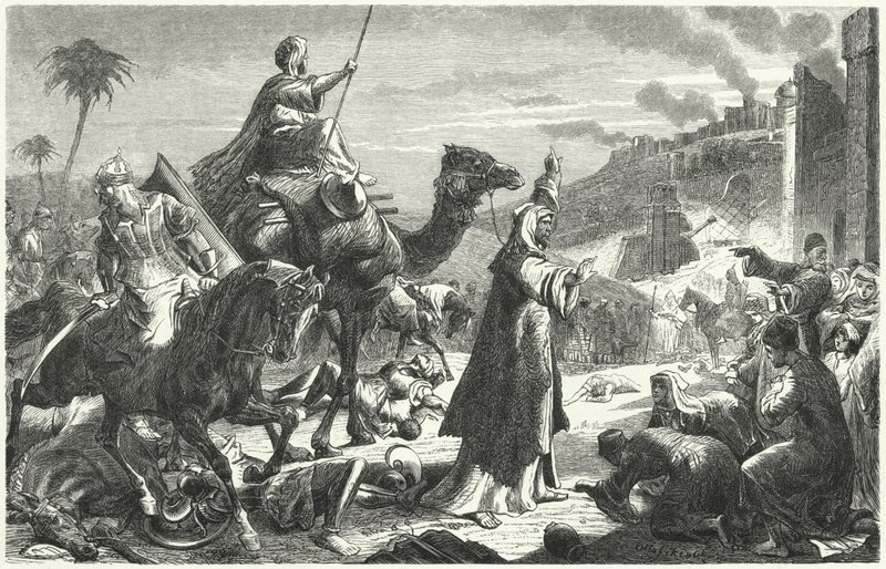 Kalif Umar går ind i Jerusalem, 637 (gravering) af German School