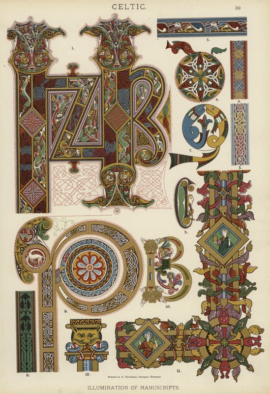Keltisk, belysning af manuskripter (farve litho) af German School