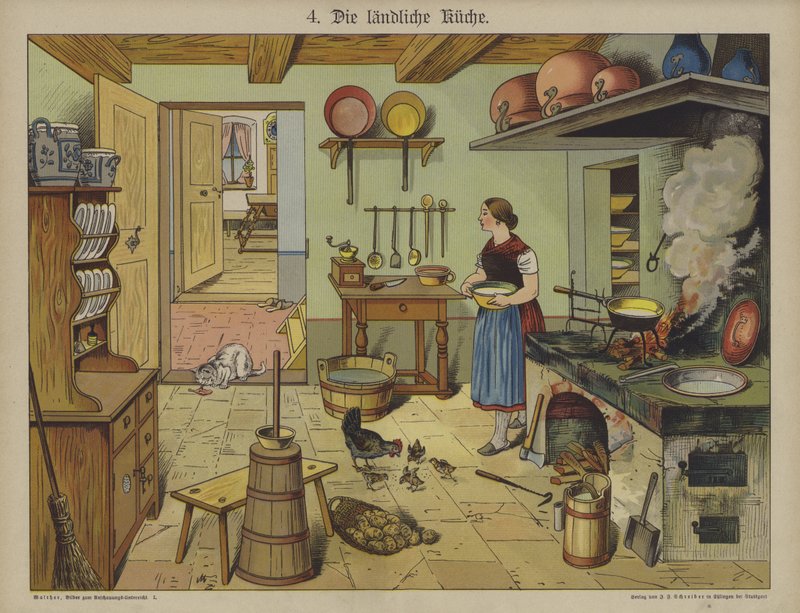 Landkøkken (farve litho) af German School
