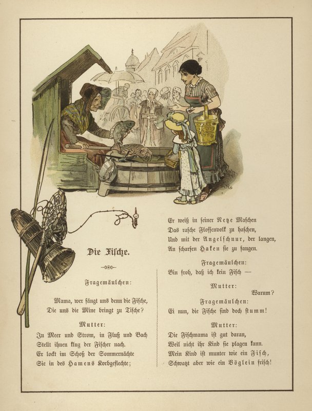 Fiskehandler (farve litho) af German School