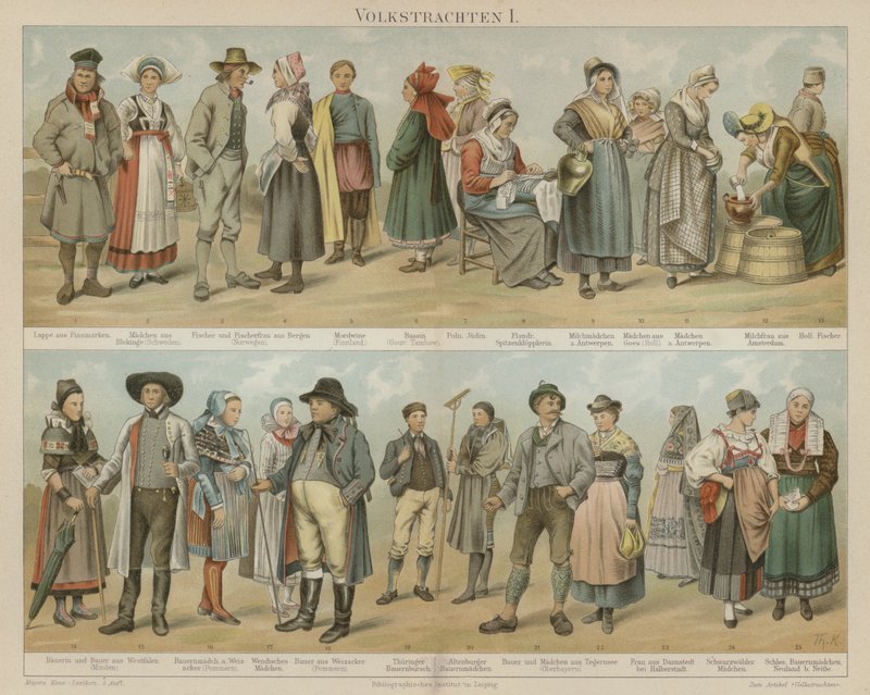 Folkedragter (farve litho) af German School