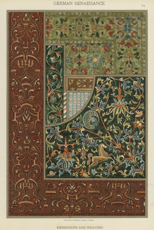 Tysk renæssance, broderi og vævning (farve litho) af German School